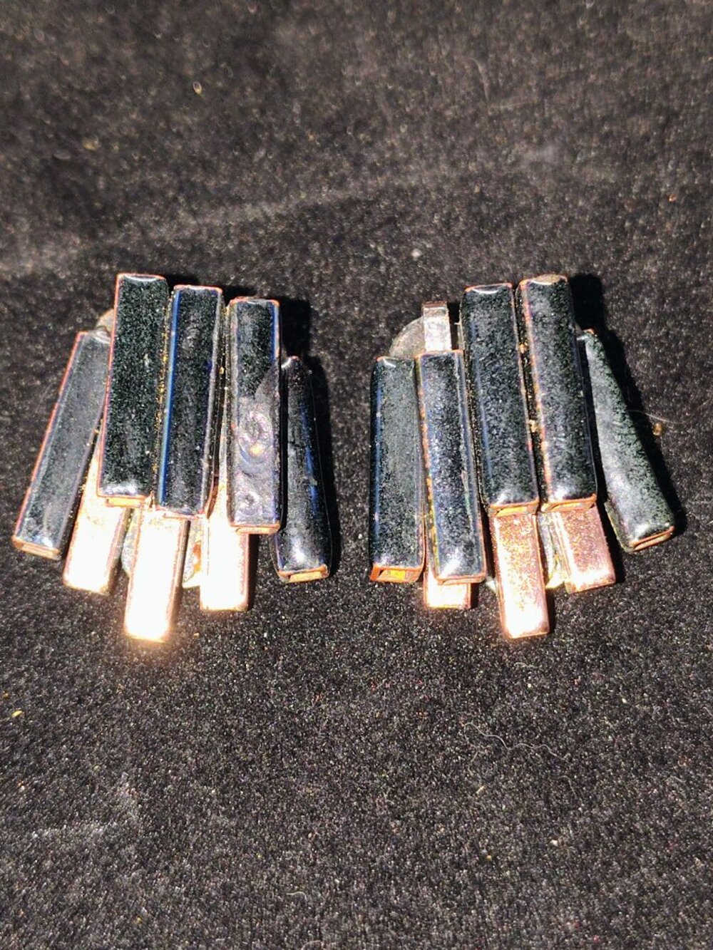 Vintage Matisse Renoir Black Enamel Copper Fringe Clip‑On Earrings